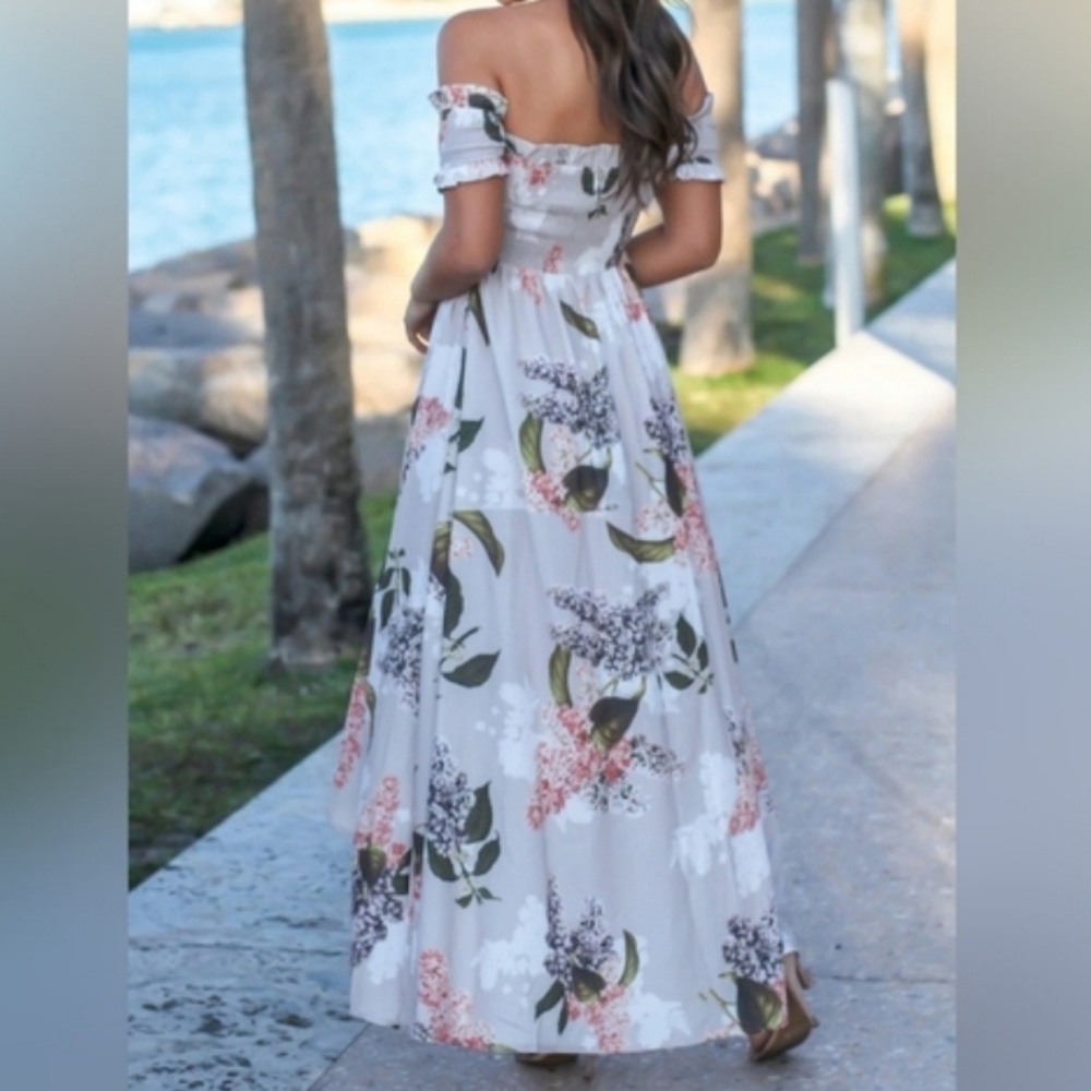 🛑SOLD🛑 🆕️ Lime Lush Taupe Floral Off Shoulder High Low Maxi Dress SIZE: M - Picture 13 of 13